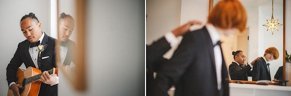 A man in a suit playing guitar, reflected in a mirror at an Ash + John Boathouse wedding; another scene shows a woman adjusting a man's tie in front of a mirror.