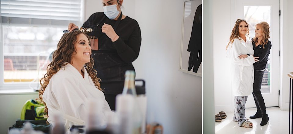 A split image: on the left, a woman getting her hair styled by a stylist at an Ash + John Boathouse NYC Wedding; on the right, she smiles while another woman adjusts her hair.