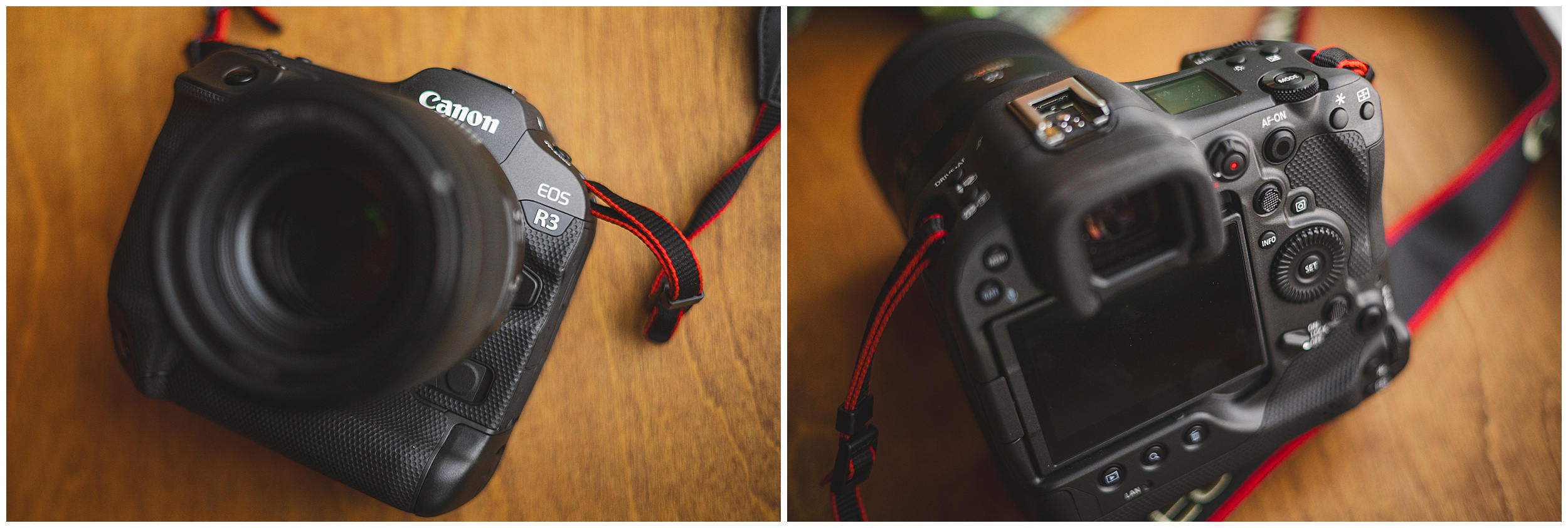 Close-up images of a Canon EOS R3 camera, highlighting the front view with the lens attached on the left and the back view showcasing the fully articulated screen and controls on the right. This impressive model's design is perfect for both stills and Auto Draft enthusiasts.