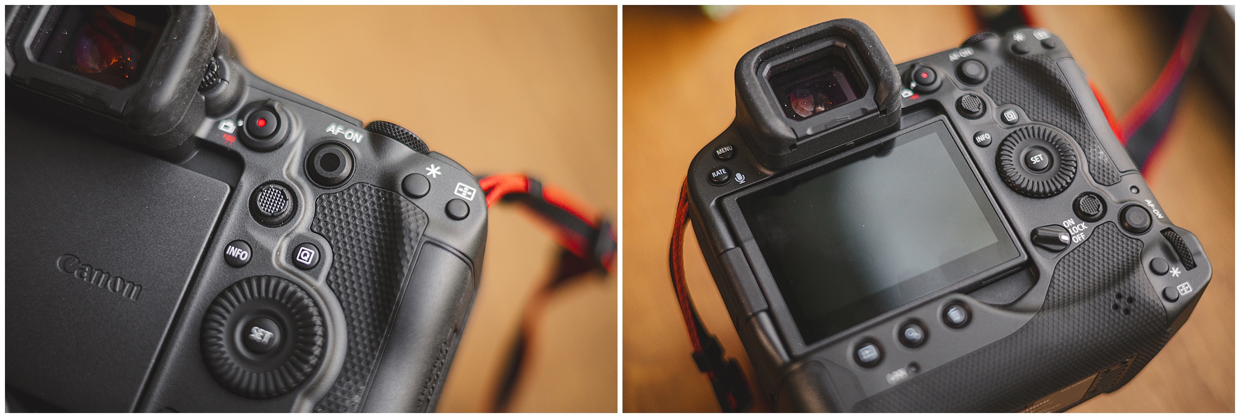 Close-up shots of a black Canon DSLR camera highlight its various buttons, dials, and the LCD screen on the back, showcasing features like Auto Draft for seamless creativity.
