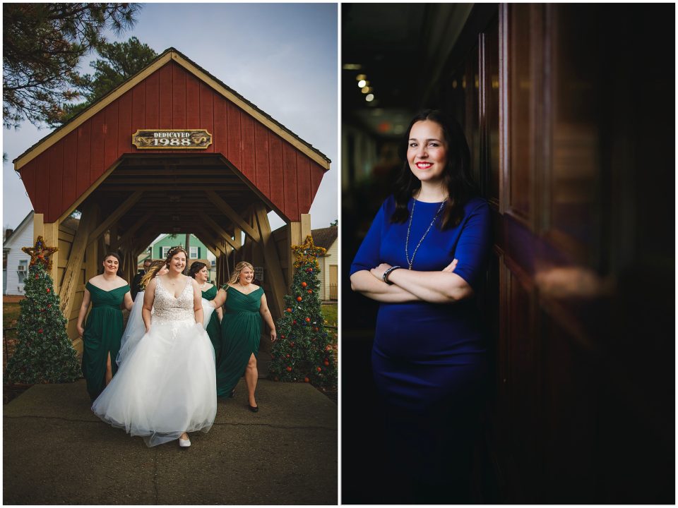 Left: A bride and three bridesmaids stroll under a charming red-covered bridge. Right: A woman in a green dress stands with her arms crossed, smiling against a rustic wooden wall, capturing the essence of an auto draft moment in time.