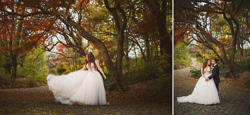 A bride in a flowing white gown runs along a tree-lined path with autumn leaves, and in a separate scene, stands kissing her spouse under a canopy of colorful foliage at an Ash + John Boathouse NYC Wedding.