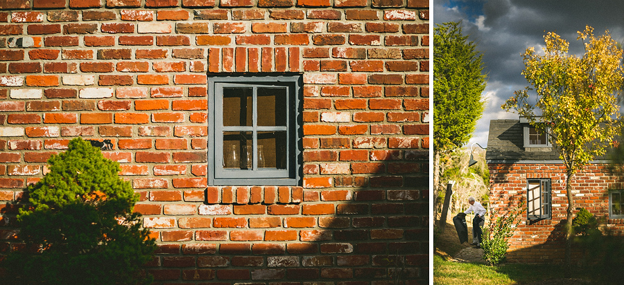 brick building and father of groom getting ready