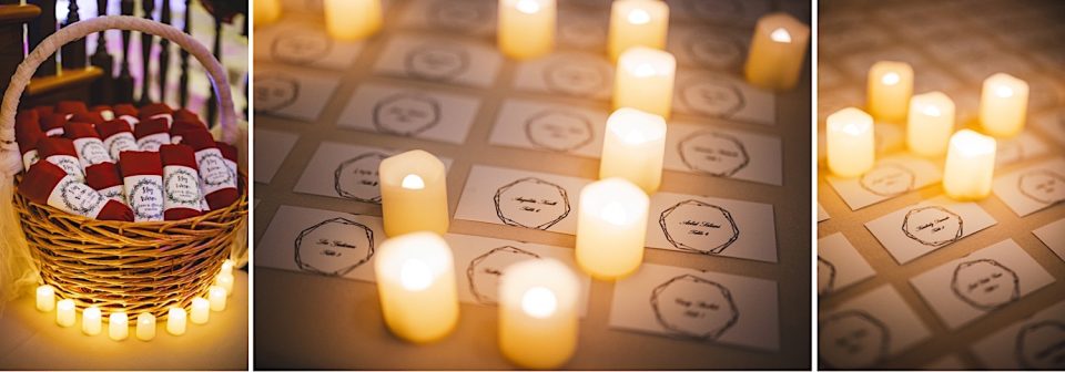 A triptych image featuring a basket filled with rolled scrolls in the first panel, and numerous lit candles surrounding place cards at the Ash + John Boathouse Wedding in the second and third panels.