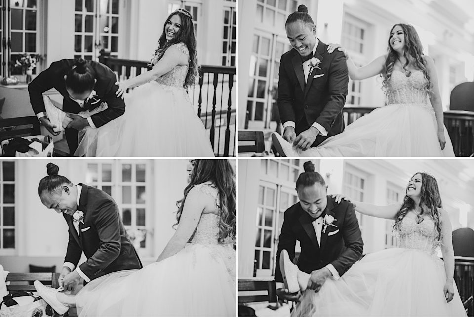 Black and white collage of a bride and groom joyfully interacting during NYC wedding preparations; groom helps with bride's dress in various candid moments.