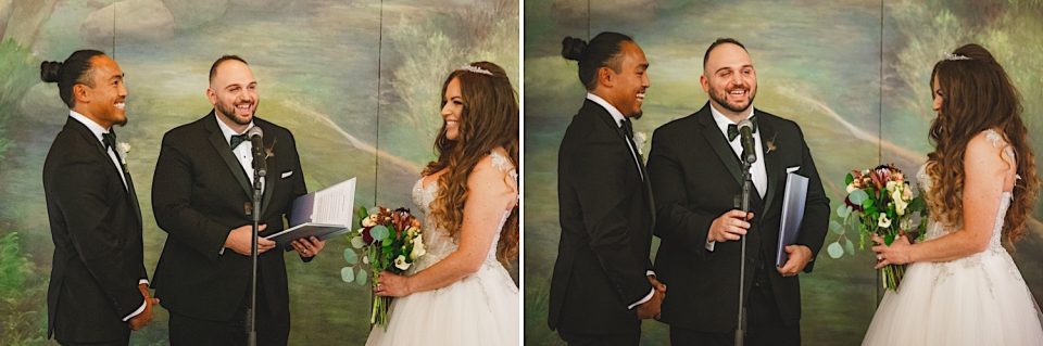 Two images of a NYC Wedding with a bride and two grooms, one performing the ceremony, in a room with a painted backdrop, all smiling joyously.