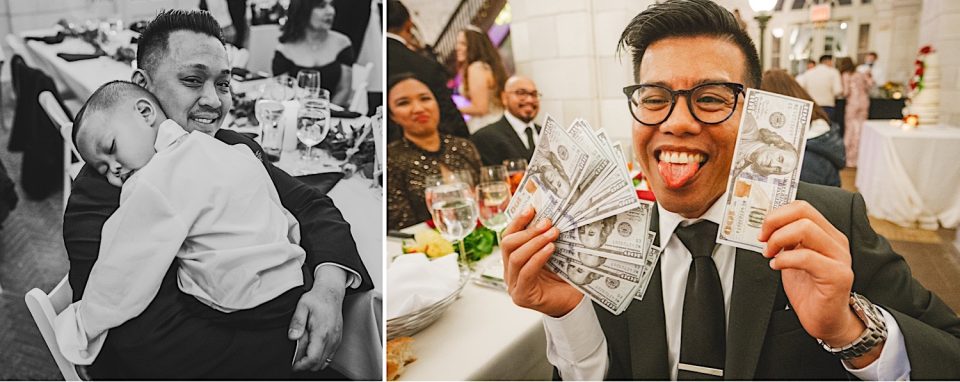 Left: A man smiling at a Boathouse wedding in NYC, holding a sleeping baby. Right: A man at the same event, joyfully displaying multiple dollar bills.