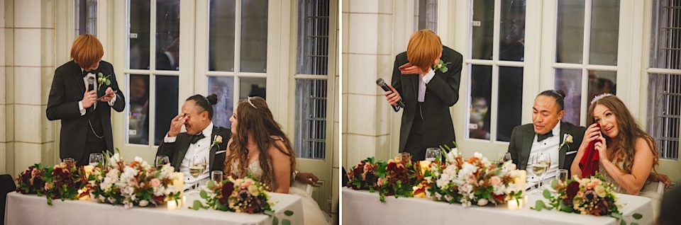 Two-panel image of an Ash + John Boathouse NYC Wedding toast: a man gives a speech holding a microphone, then covers his face emotionally, as the bride and groom listen, smiling.