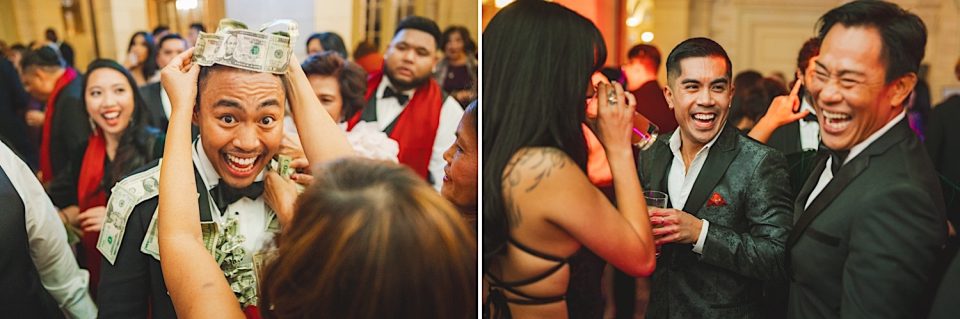 A lively NYC Wedding reception with two scenes: the first showing a man with money pinned on his head, surrounded by guests; the second featuring two men laughing joyfully.