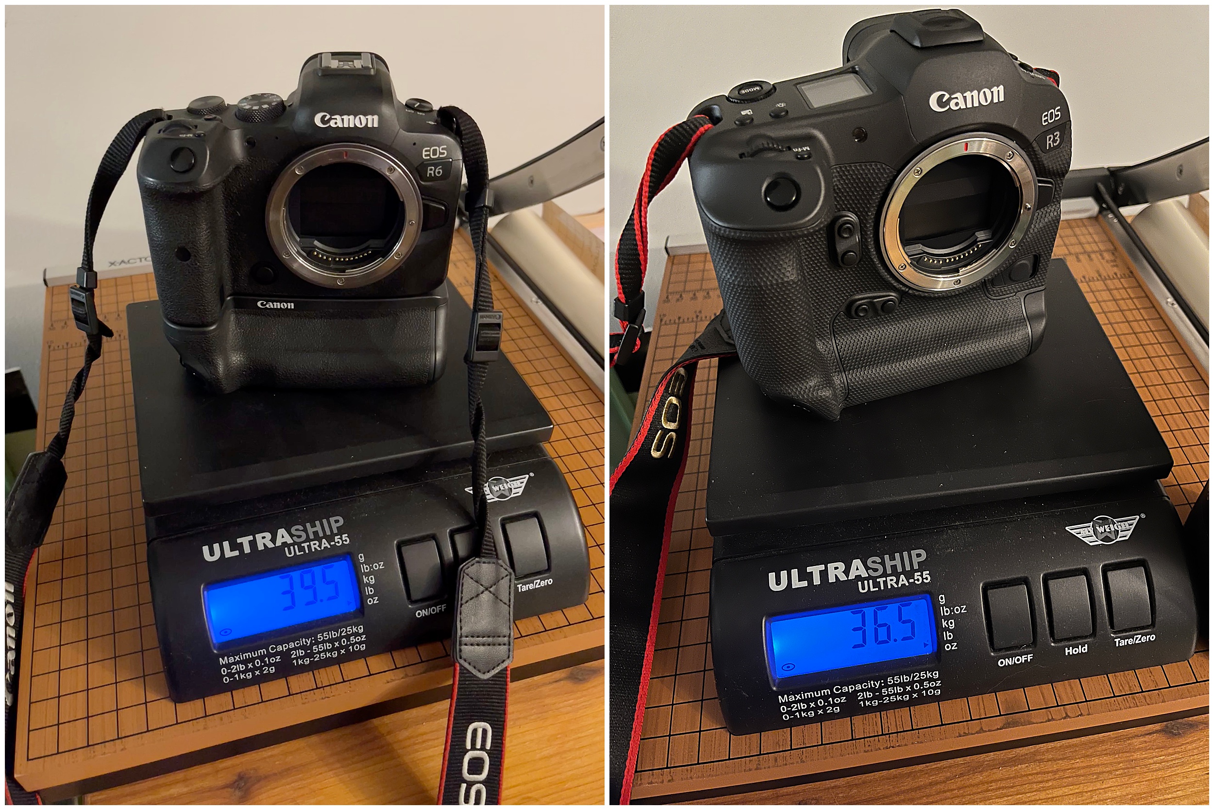 Side-by-side comparison of two Canon DSLR cameras on digital scales, with auto draft capabilities. Left scale shows a weight of 3.95 pounds; right scale shows 3.65 pounds.