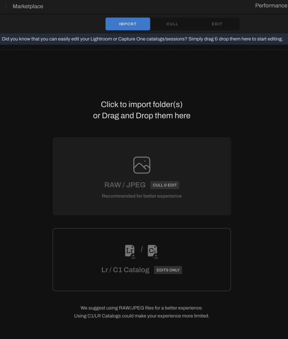 Screenshot of a photo editing software interface with options to import RAW/JPEG files or Lightroom/Capture One catalogs for editing, featuring AfterShoot AI Editing tools for enhanced precision.