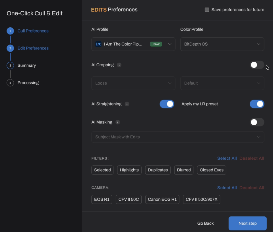 Screenshot of the AfterShoot AI Editing preferences panel in a photo editing software, showcasing options for AI cropping, straightening, masking, and filters. Easily adjust settings for color profile and camera models to enhance your photo editing experience.