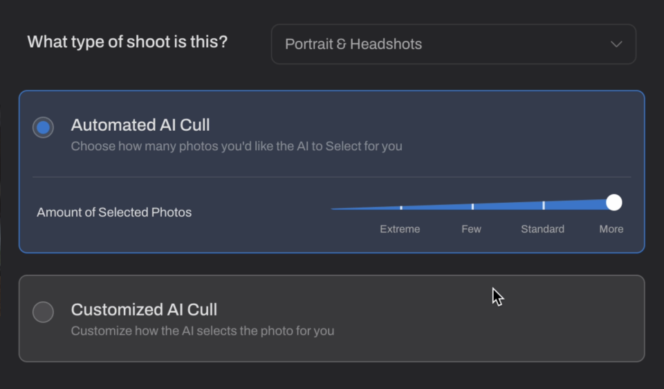 Introducing AfterShoot's advanced AI Editing interface for photo selection. Options include "Automated AI Cull" and "Customized AI Cull." Use the intuitive slider to adjust the selection from "Extreme" to "More," ensuring your review process is both seamless and efficient.